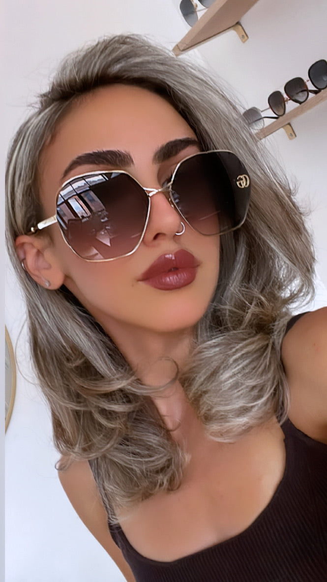 Gucci GG0818SA Rounded Metal Cutout Sunglasses in Grey Lens