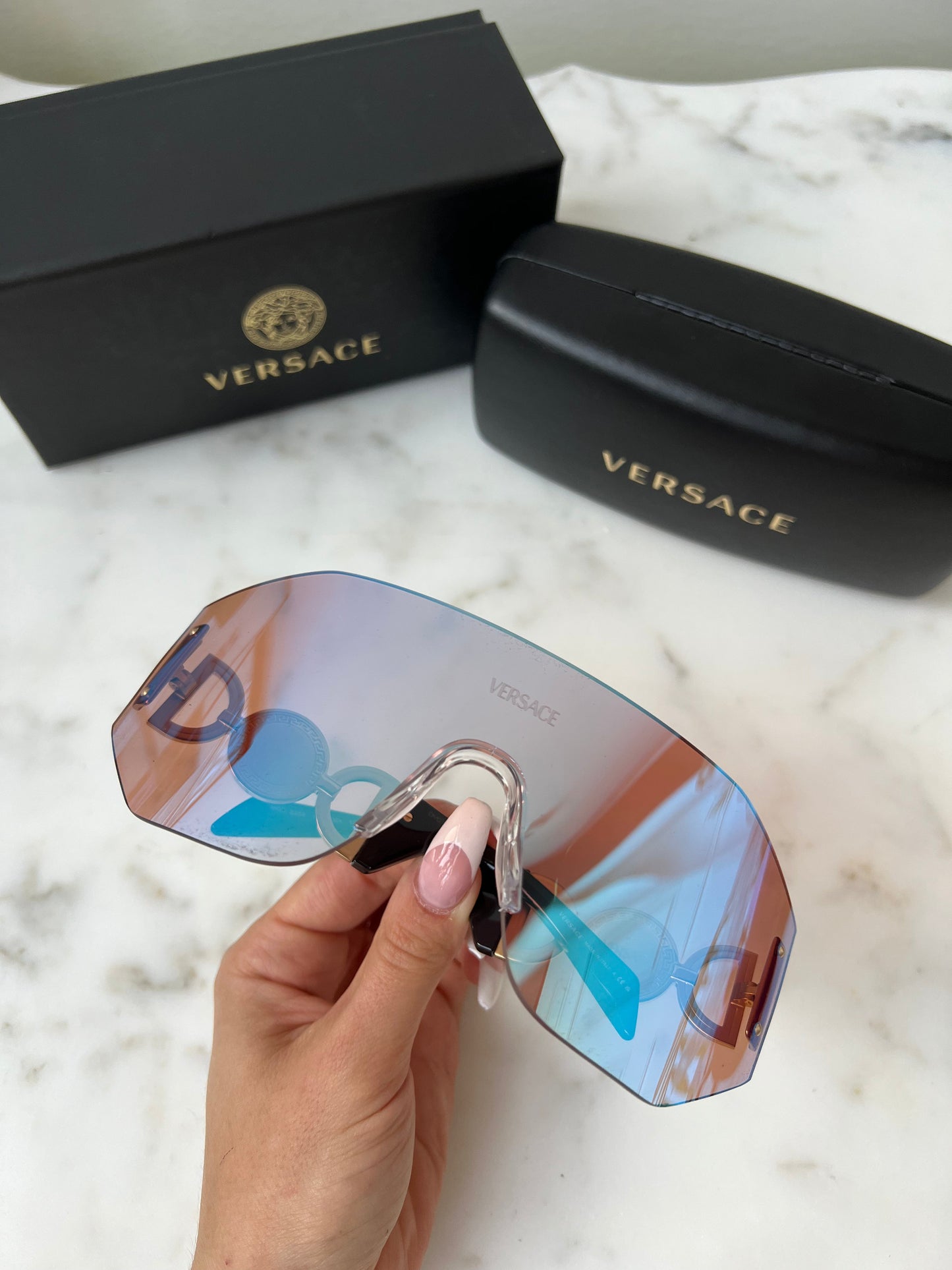 Versace VE2258 Shield Sunglasses in Blue Pink Mirror