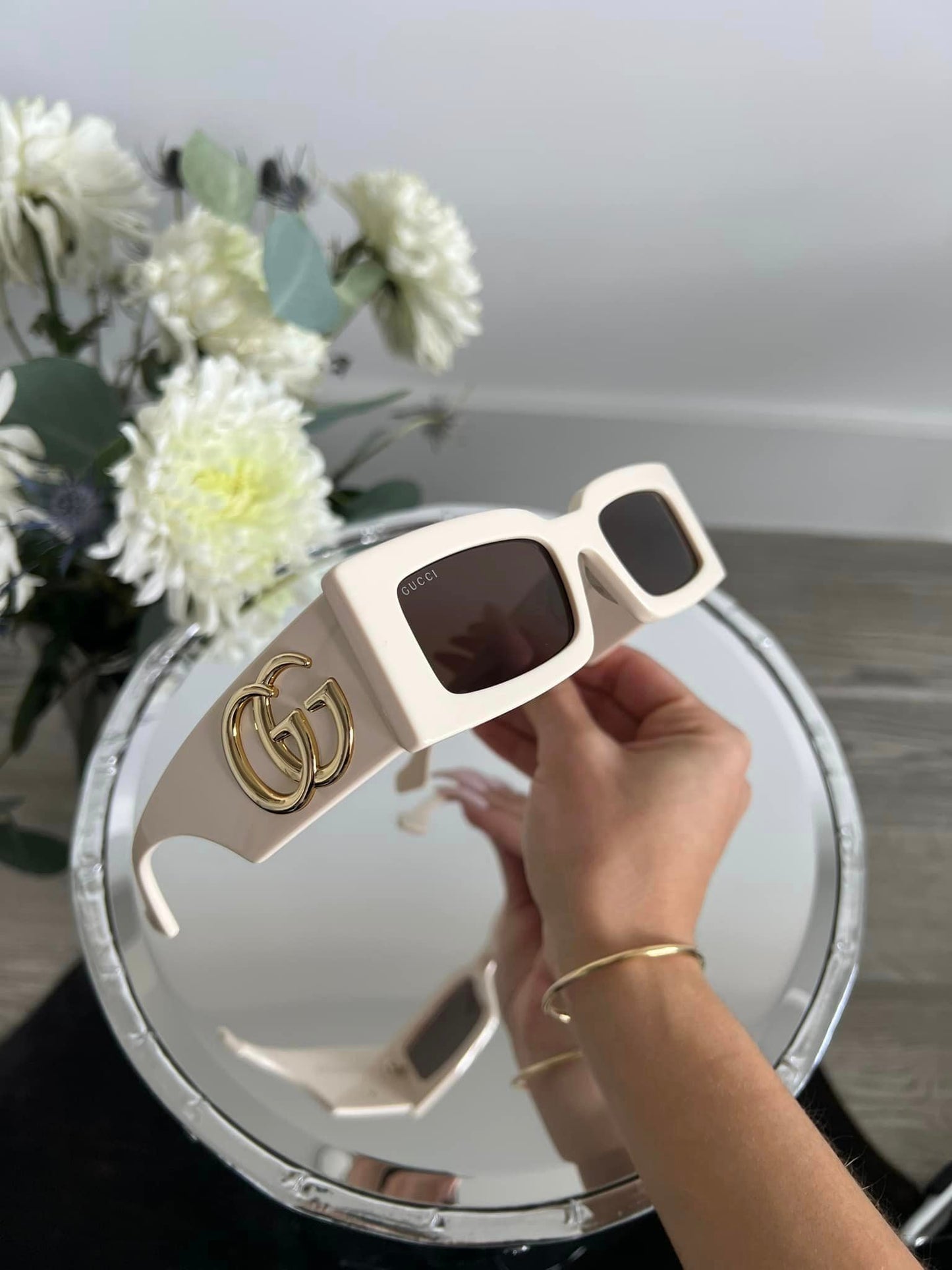 Gucci GG1425S Thick Rim Rectangle Sunglasses in Ivory
