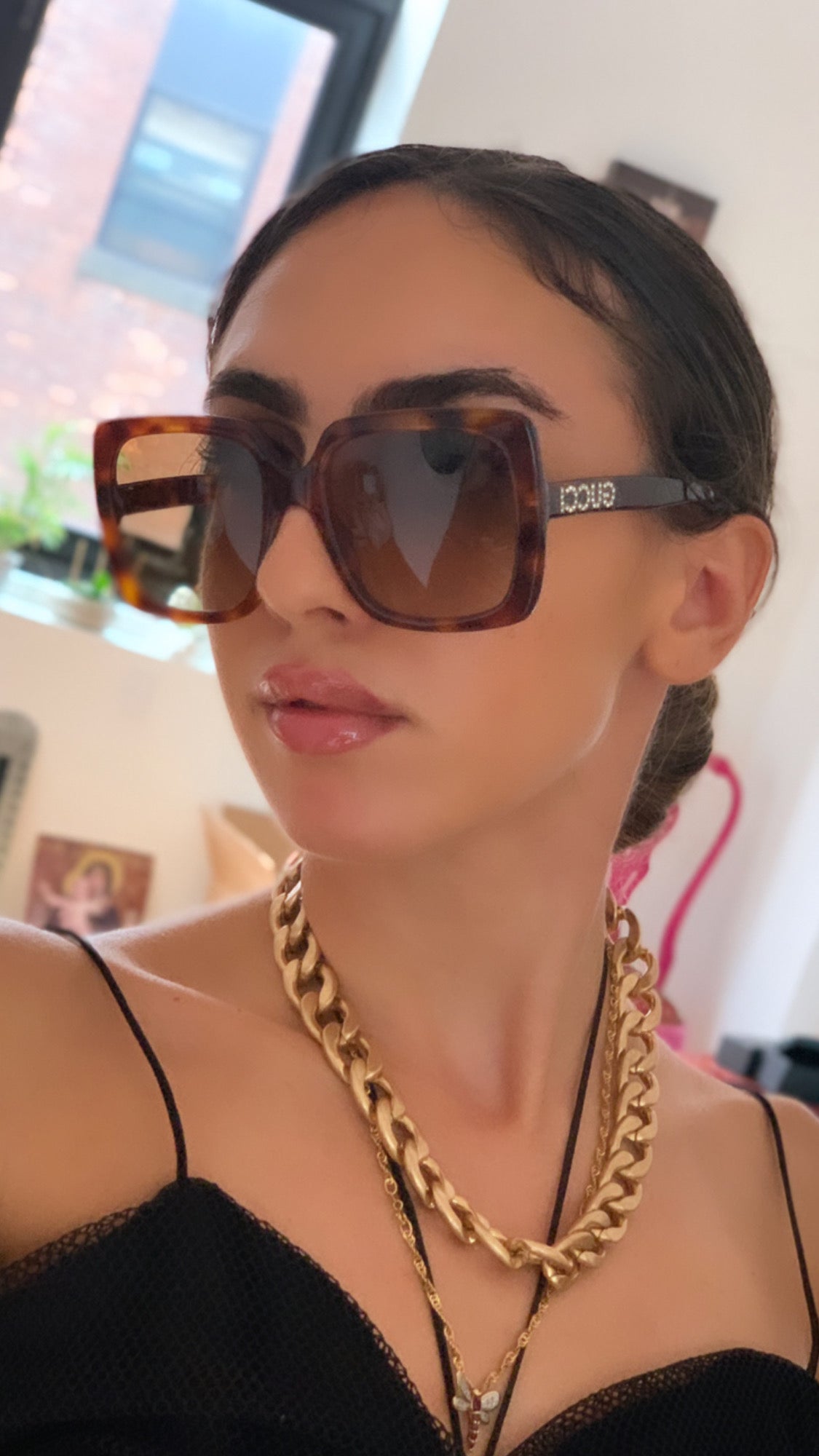 Gucci GG0418S Brown Square Crystal Logo Sunglasses