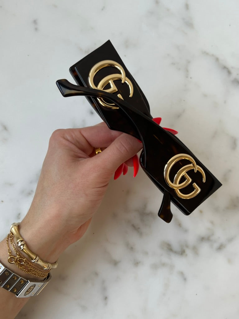 Gucci GG1425S Thick Rim Rectangle Sunglasses in Havana Brown