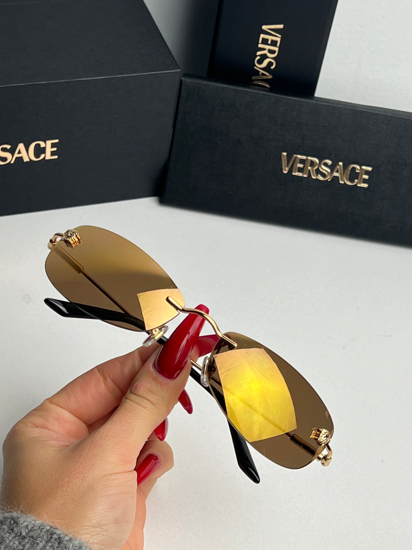 Versace VE2279 Rimless Sunglasses in Gold Mirror