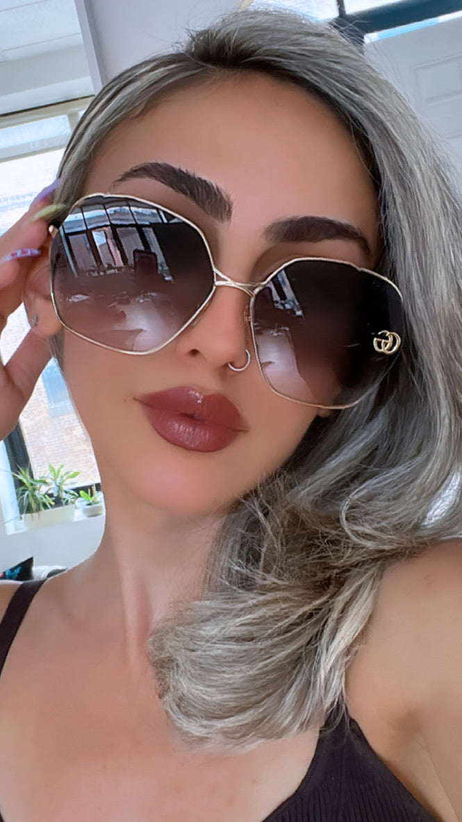 Gucci GG0818SA Rounded Metal Cutout Sunglasses in Grey Lens