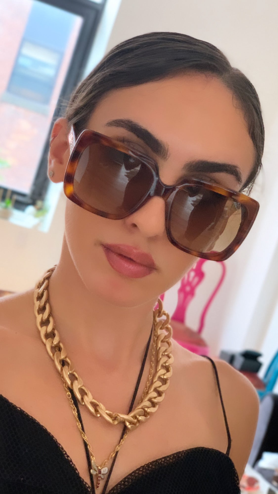 Gucci GG0418S Brown Square Crystal Logo Sunglasses