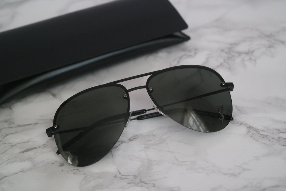 Saint Laurent Classic 11M Metal Logo Aviator Sunglasses in Black