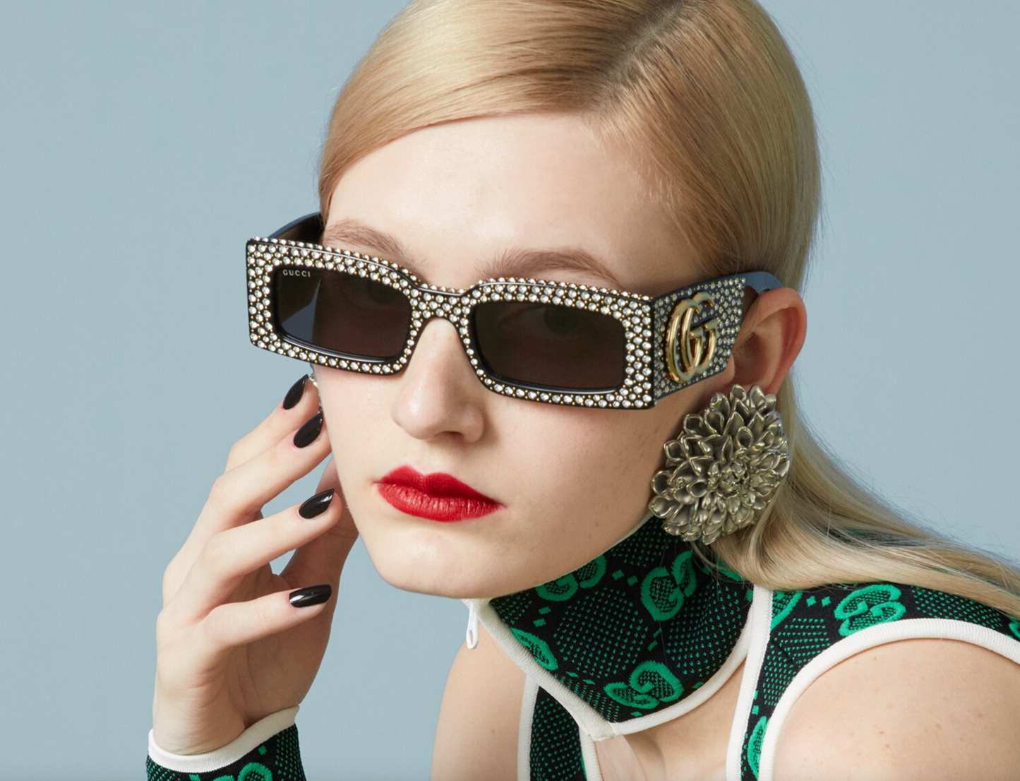 Gucci GG1425S Crystal Rectangle Sunglasses in Black